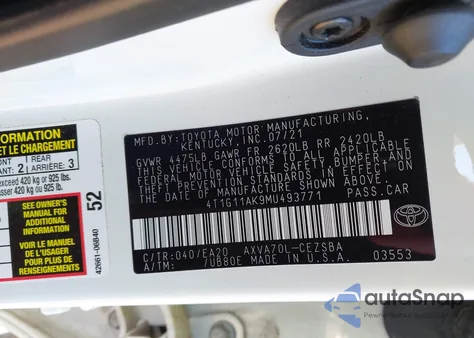 2021 Toyota Camry Se из США, поврежденный, VIN 4T1G11AK9MU493771